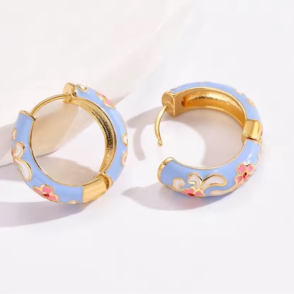 Positano Blue Floral Gold Hoop Earrings - Picture 5 of 8